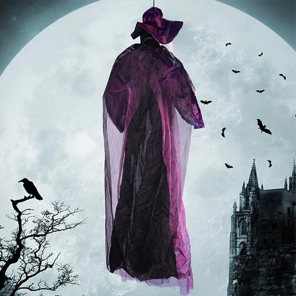 Sound-Activated Halloween Witch with Glowing Eyes and Screeching Sound for Indoor and Outdoor Decor – 6-Foot Life-Size Animated Talking Witch in Purple