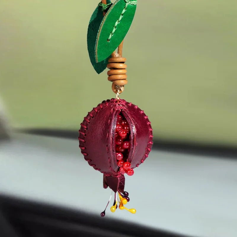 Leather Pomegranate Charm Keychain Bag And Car Decor