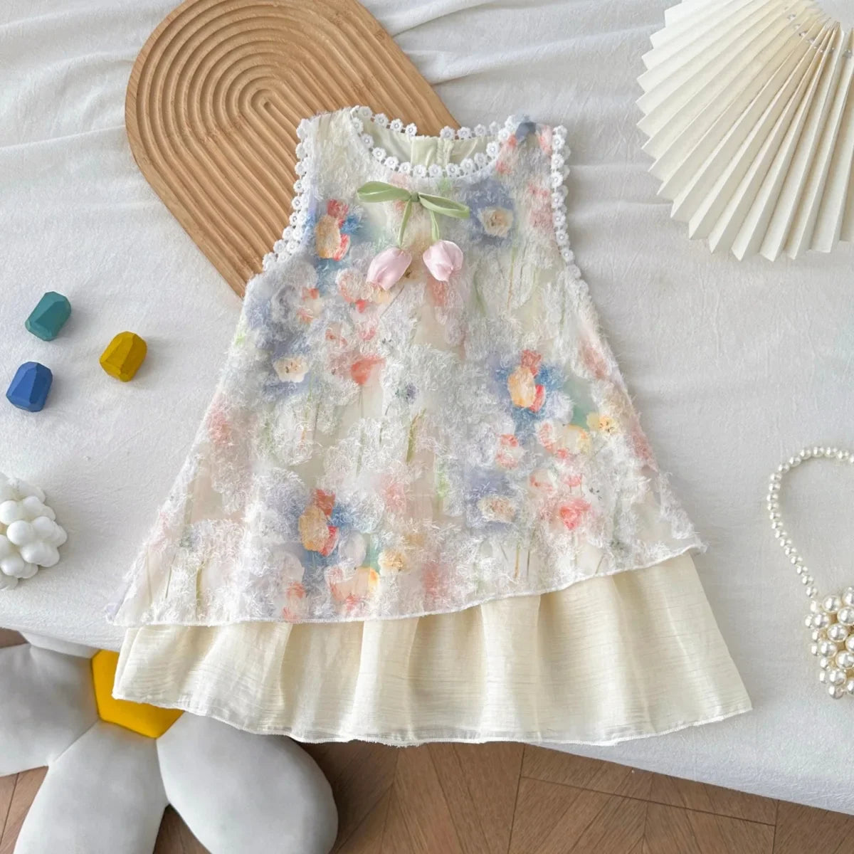 Plush Girls' Dress - Sleeveless Floral Print Bow, Cotton-Polyester Blend, Casual Summer Wear
