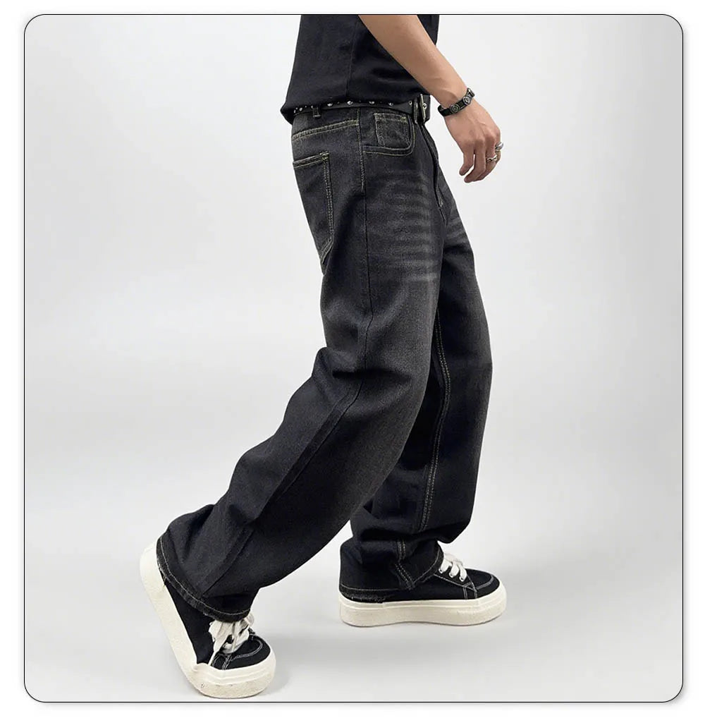 Men's Oversized Jeans - Straight Cut, Washed Denim, Autumn