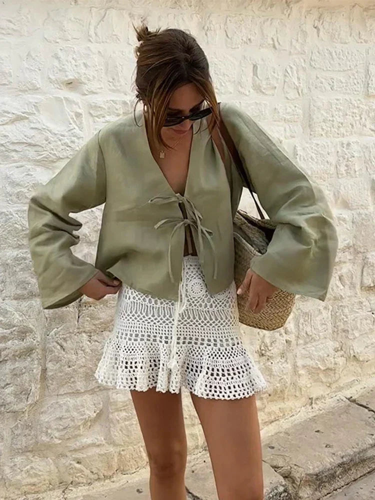 Stylish Long Sleeve Blouse with Openwork V-Neck and Lacing, Breathable Fabric for Spring Fashion-2
