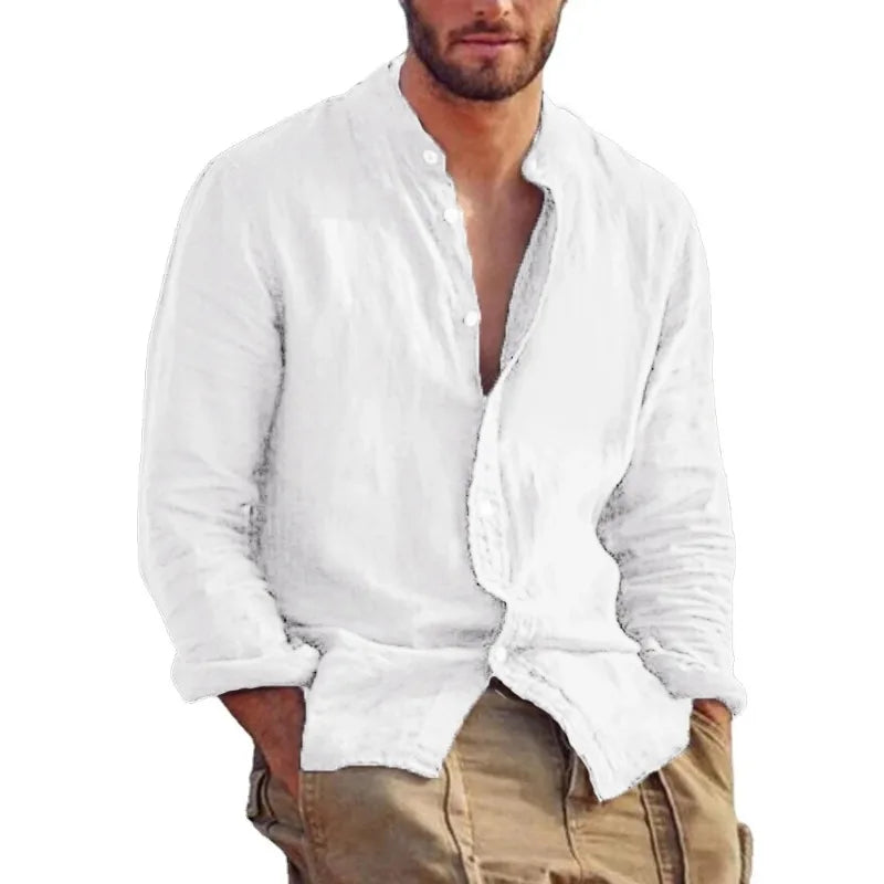 Men's Linen Shirt with Mandarin Collar, Lightweight Breathable Casual Summer Shirt in Tailored Fit-6