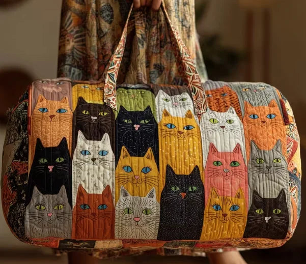 Plush Unisex Travel Tote - Quilted, Cat-Embroidered Fabric, For Beach, Hiking, Camping