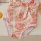 Plush Toddler Girls' One-Piece Swimsuit - Floral Print Bow-Tie Detail, Polyester, For Summer