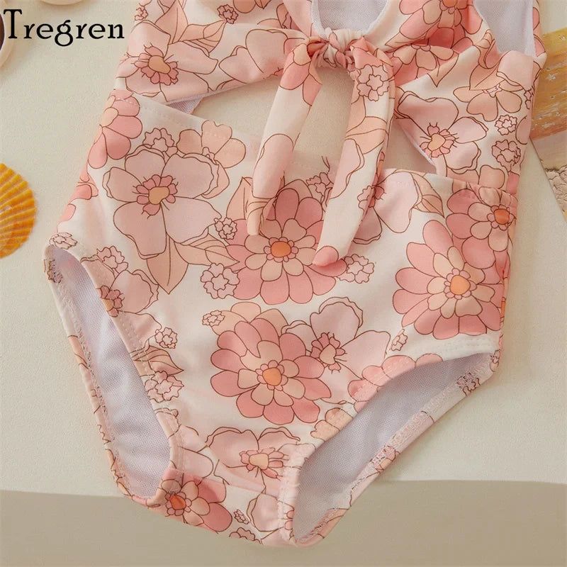 Plush Toddler Girls' One-Piece Swimsuit - Floral Print Bow-Tie Detail, Polyester, For Summer