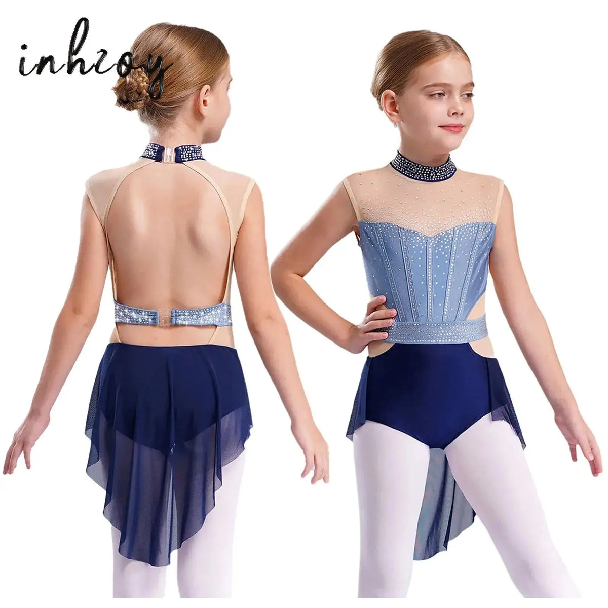 girls' Stretchy leotard - rhinestone mesh yoke, sleeveless, polyester, nylon, elastane, for lyrical dance performance