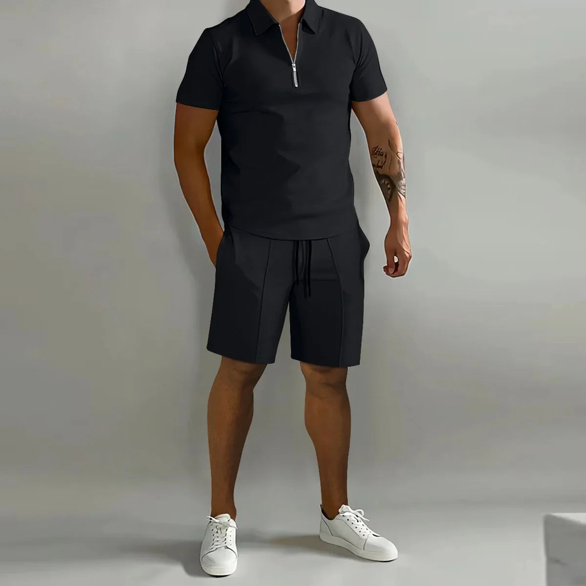 Solid Color Polo Shirt & Vertical Stripe Pants Kit - Casual Short Sleeve Sports Wear