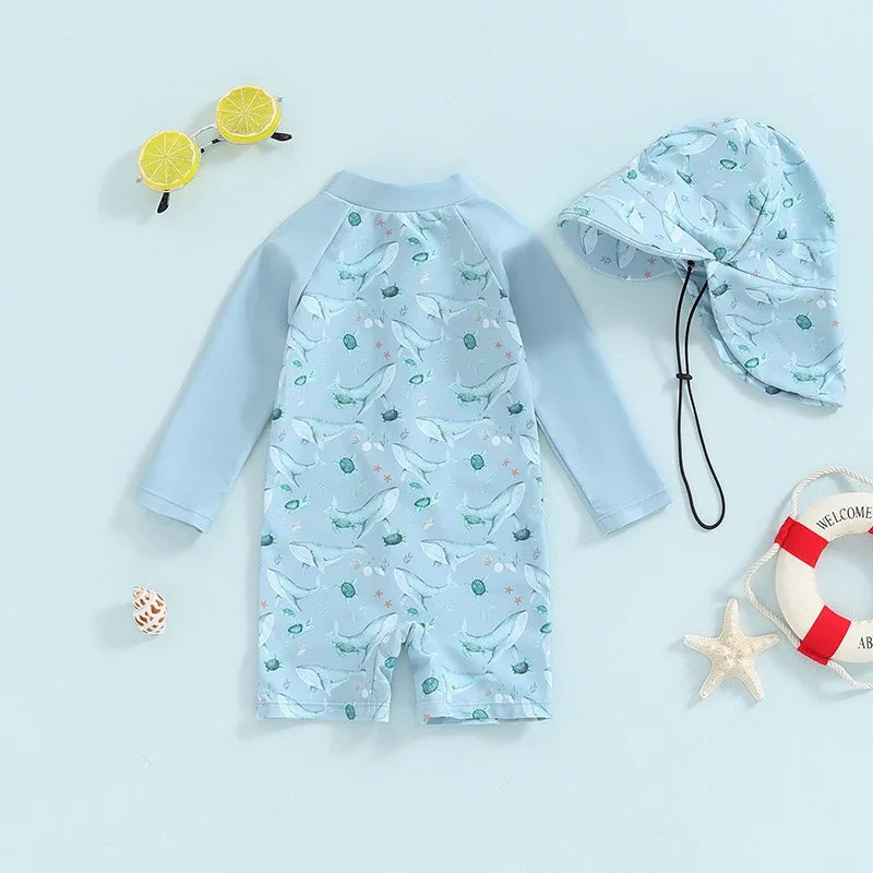 Fast-Dry Baby Rash Guard Swimsuit Kit With Sun Hat - Long Sleeve, Polyester, For Beach And Sun Protection