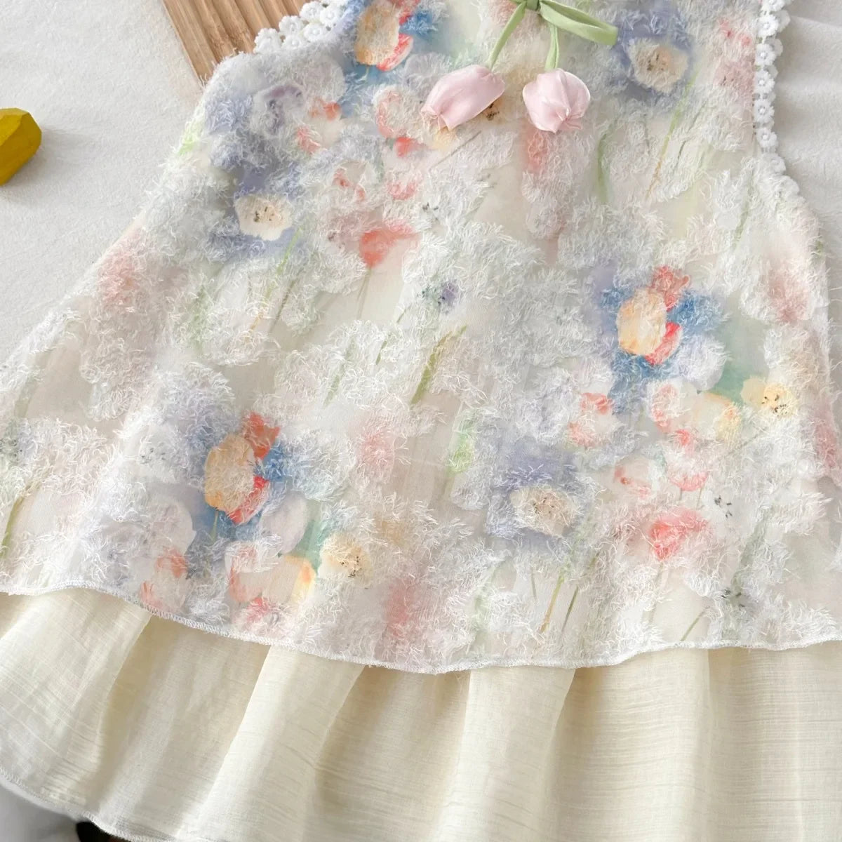 Plush Girls' Dress - Sleeveless Floral Print Bow, Cotton-Polyester Blend, Casual Summer Wear