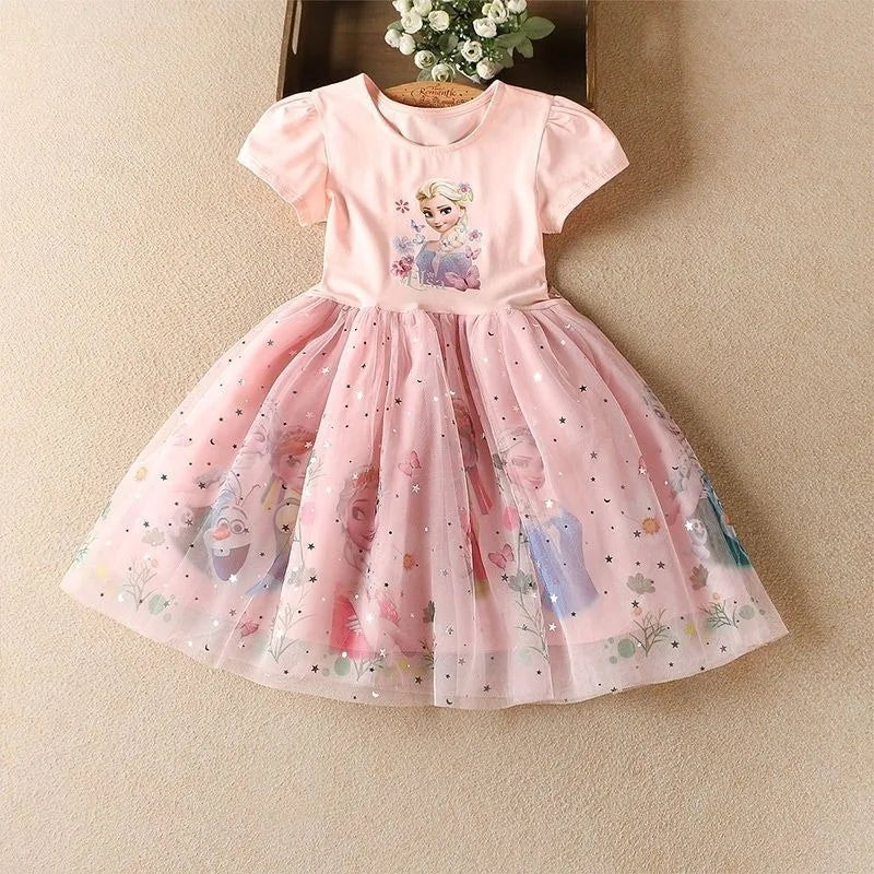 Light Girls' Dress - Short Sleeve, Knee-Length, Flowy, Cotton, Mesh, For Parties