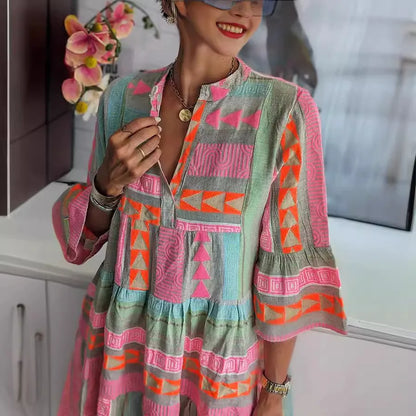 Neck V Ruffles Boho Mini Dress - Spring Casual Vintage A-Line Flare Sleeve Dress