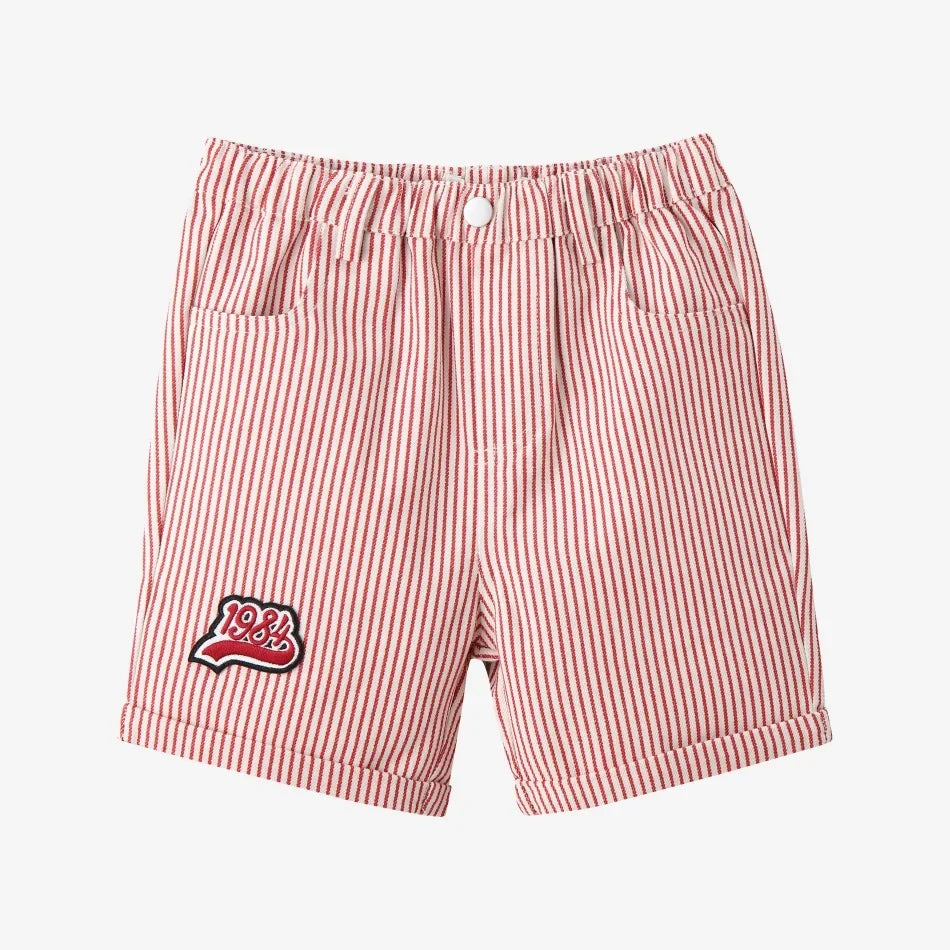 Plush Unisex Kids' Clothing - Patchwork Pinstripe Summer Outfit, Cotton-Polyester, Casual Family Wear