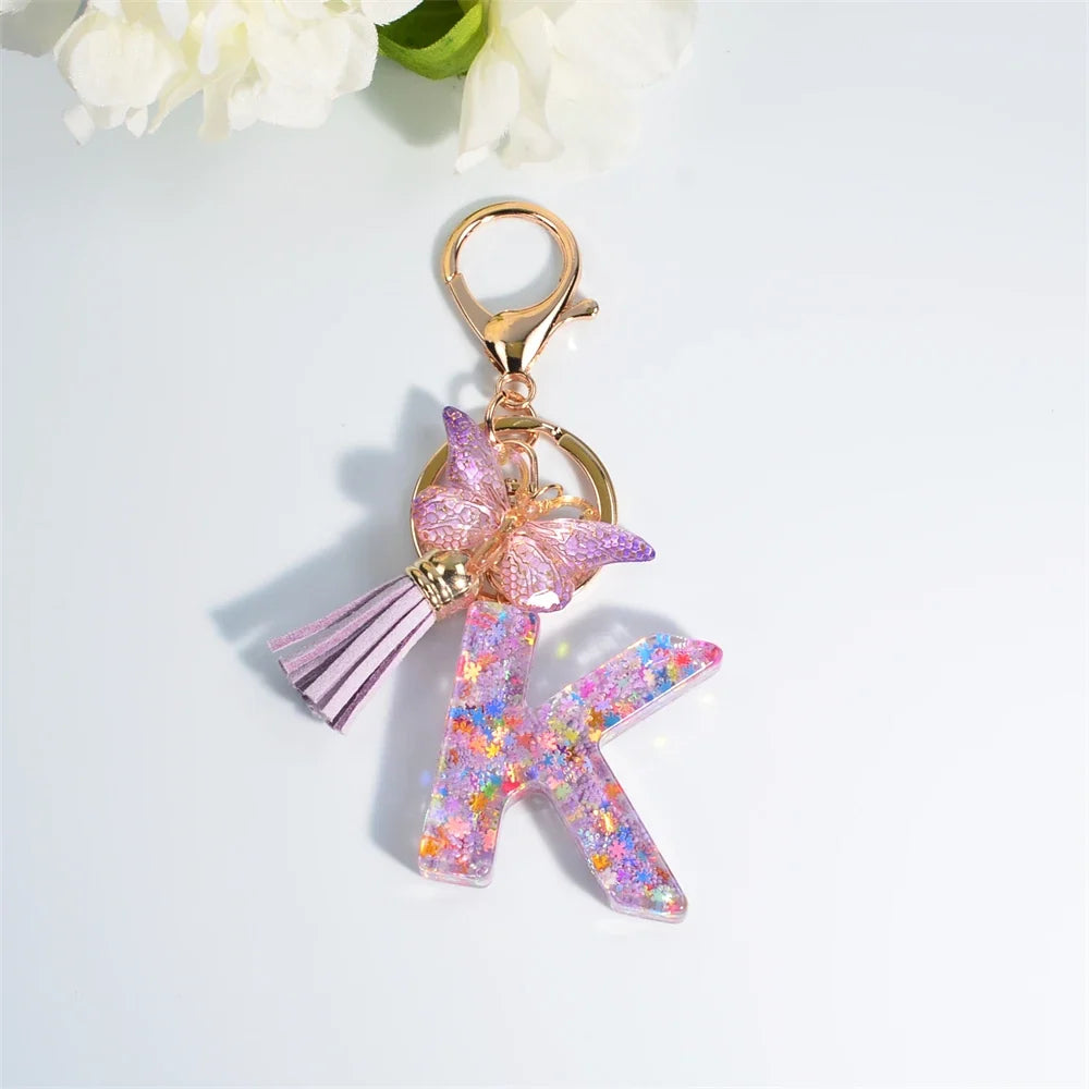Letter Sequin Keychain With Butterfly Tassel Charm