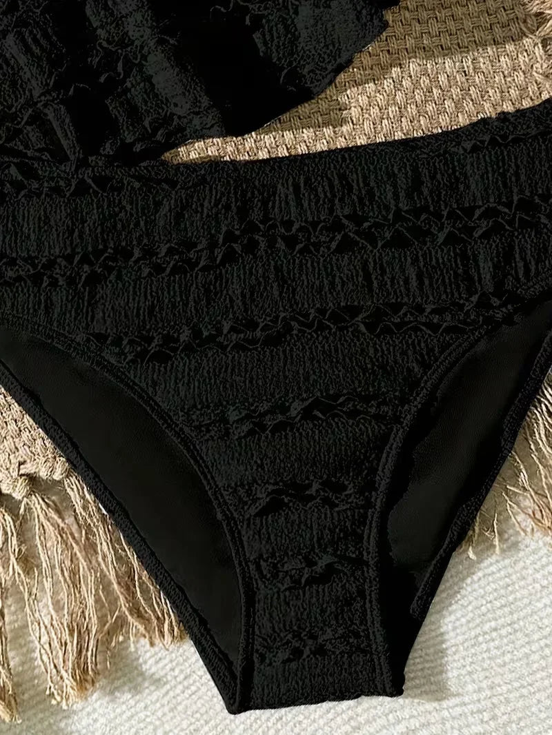 Light girls’ bikini set - two-piece, textured lace-like fabric, polyester, for summer beach vacation
