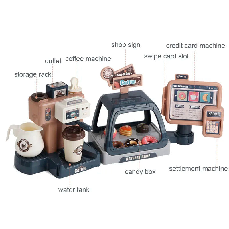 Pretend Play Coffee and Bakery Kit with Cash Register and Kitchen Accessories for Kids