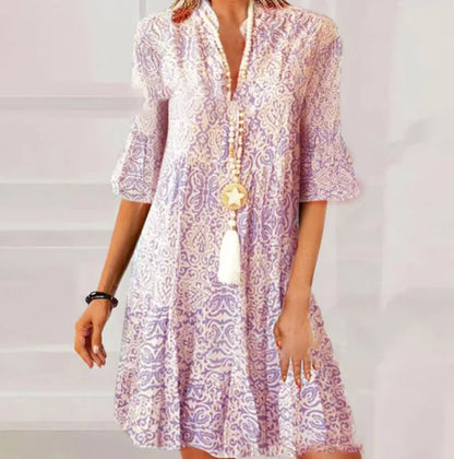 V Autumn Neck Flared Mini Dress for Ladies - Casual A-Line Pullover Boho Style