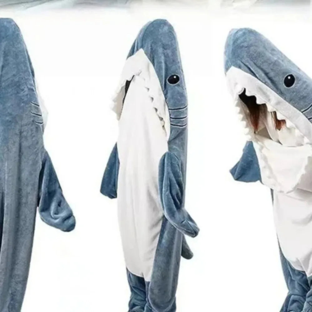 Shark Cartoon Flannel Sleeping Bag Pajamas - Hooded Cozy Animal Nightgown for Kids