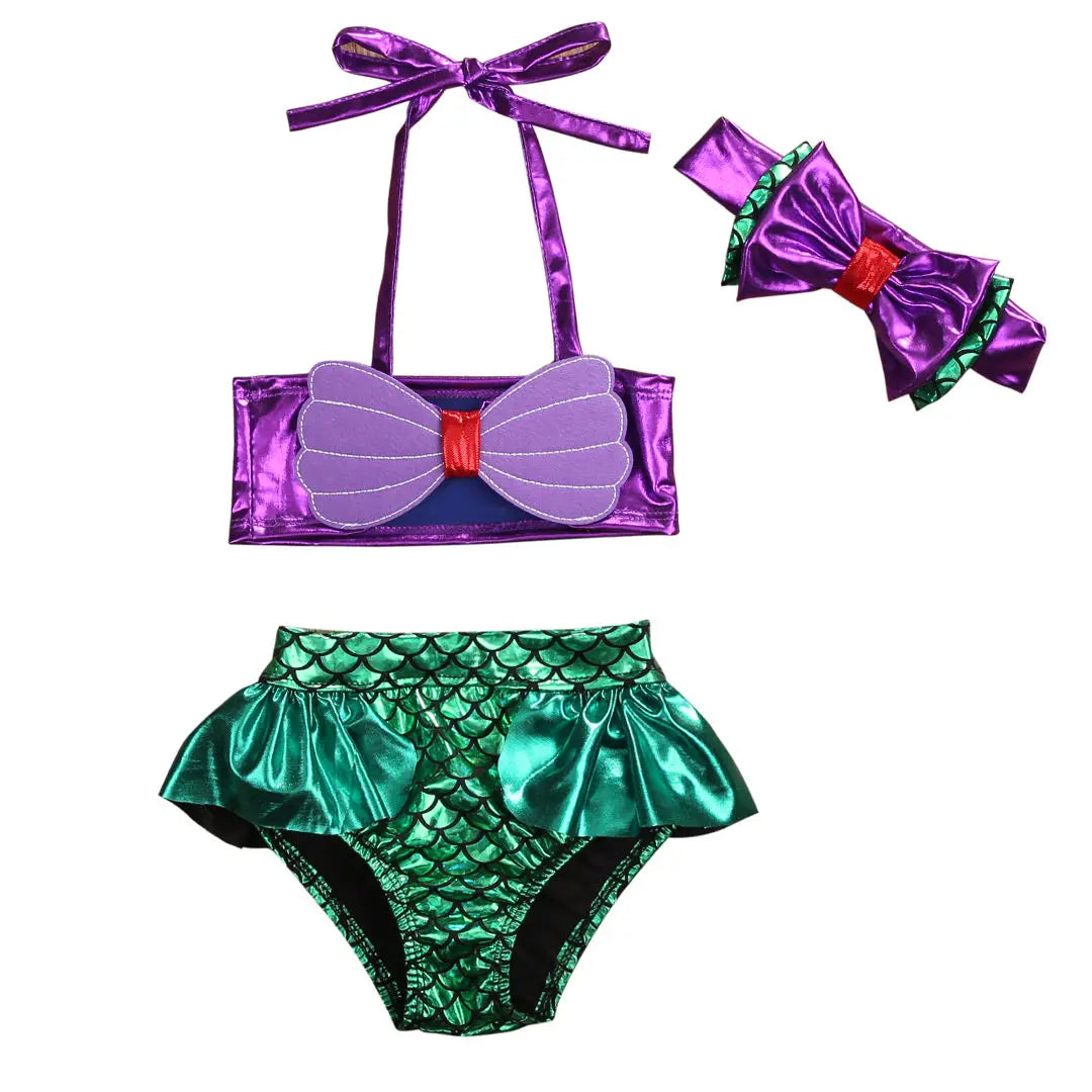 Light girls mermaid bikini set - lace-up 3D bow top, triangle briefs, elastic headband, polyester, summer swimwear