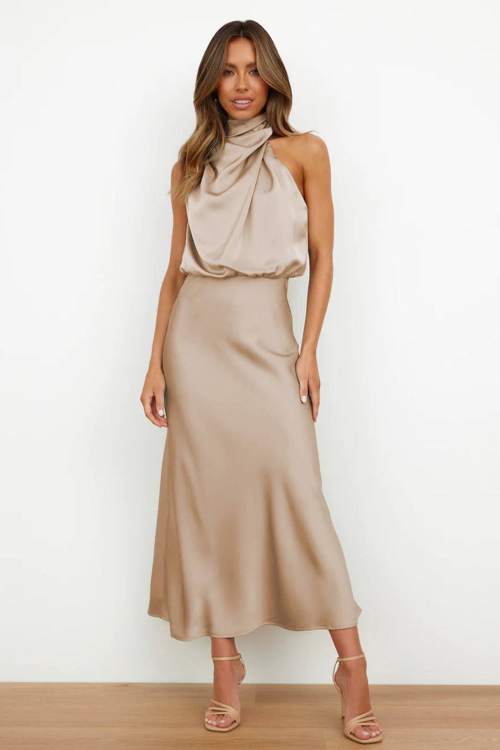 Long Satin Halterneck Formal Dress for Weddings and Elegant Occasions, Full-Length Evening Gown-2