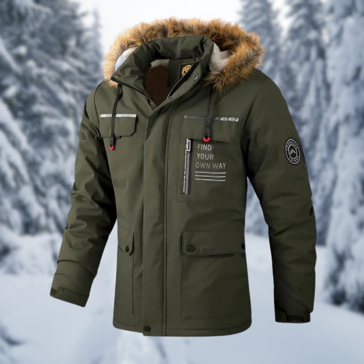 Men's Warm Parka - Hooded Faux Fur, Polyester, Winter