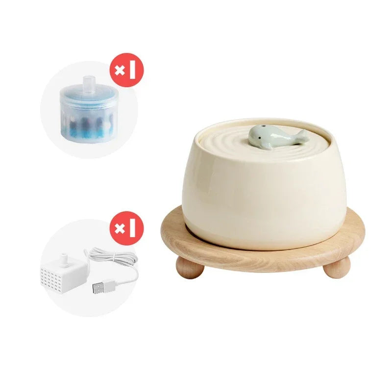 Water Cat Fountain 1300ml Ceramic USB Charging Pet Fountain With Filter And Wooden Stand Fall 2025 Continuous Hydration