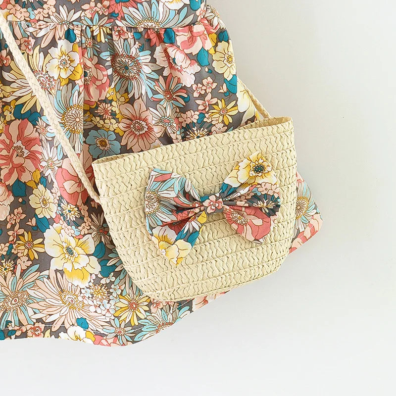 Plush Baby Girl Dress - Timeless Floral Flutter Sleeves, Polyester, With Crossbody Bag, For Ages 0-3