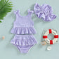Plush Toddler Girls' Bikini Kit - Striped Tank Top With Ruffle, Matching Bottom, Hat, Polyester-Elastane, Summer Swimwear