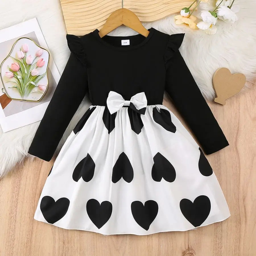 Plush girls' dress - Korean-style timeless heart-print, polyester, party wear for spring birthdays
