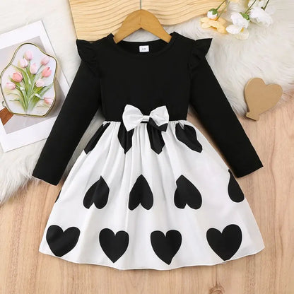Plush girls' dress - Korean-style timeless heart-print, polyester, party wear for spring birthdays