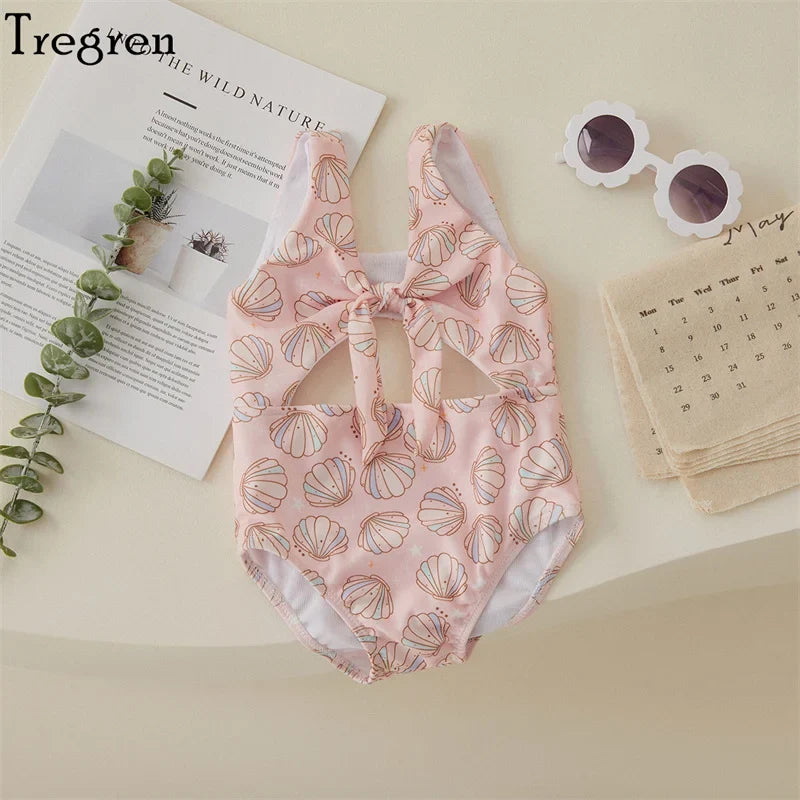 Plush Toddler Girls' One-Piece Swimsuit - Floral Print Bow-Tie Detail, Polyester, For Summer