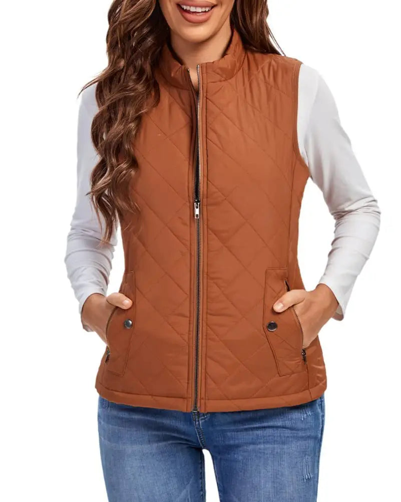 Light Women Quilted Vest - Stand Collar Cotton Winter
