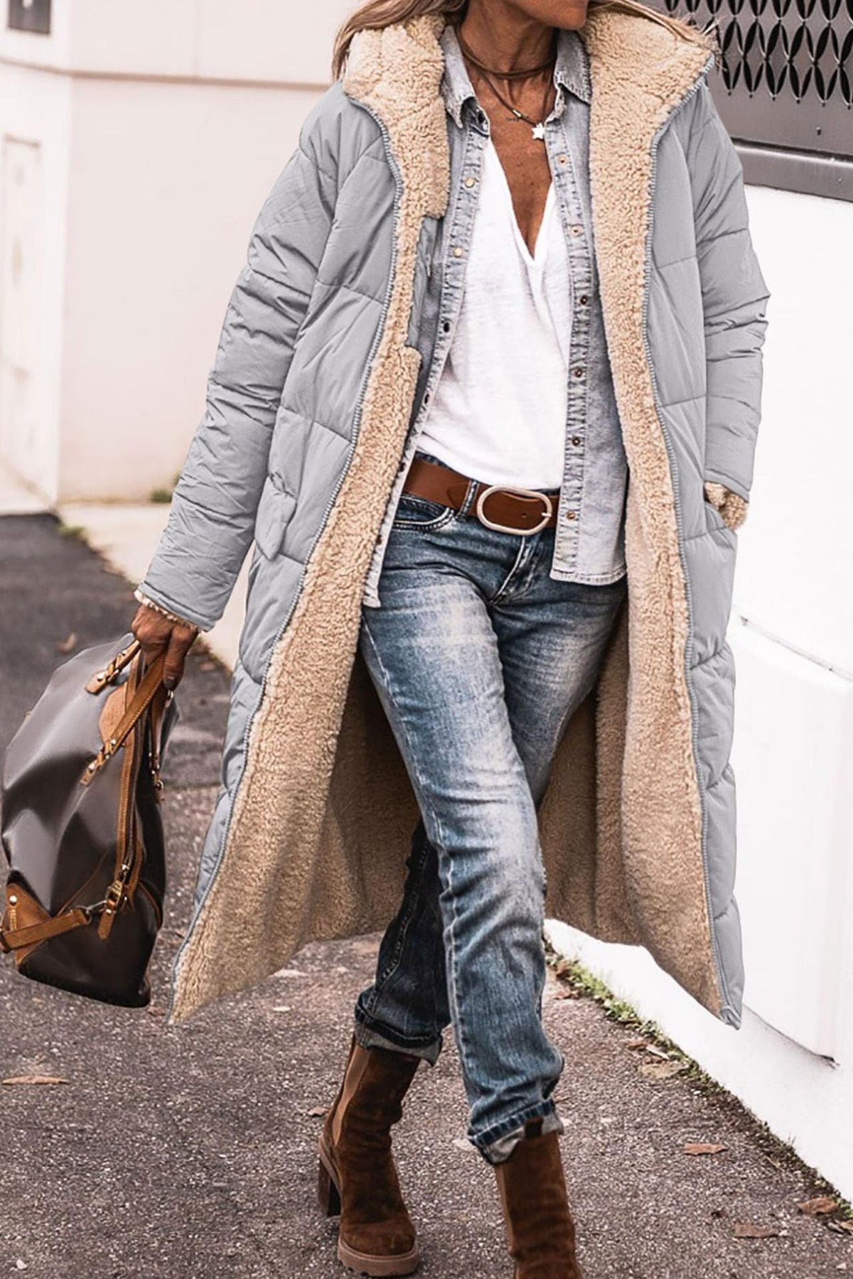 Women’s Warm Reversible Long Coat - Quilted Sherpa Hooded