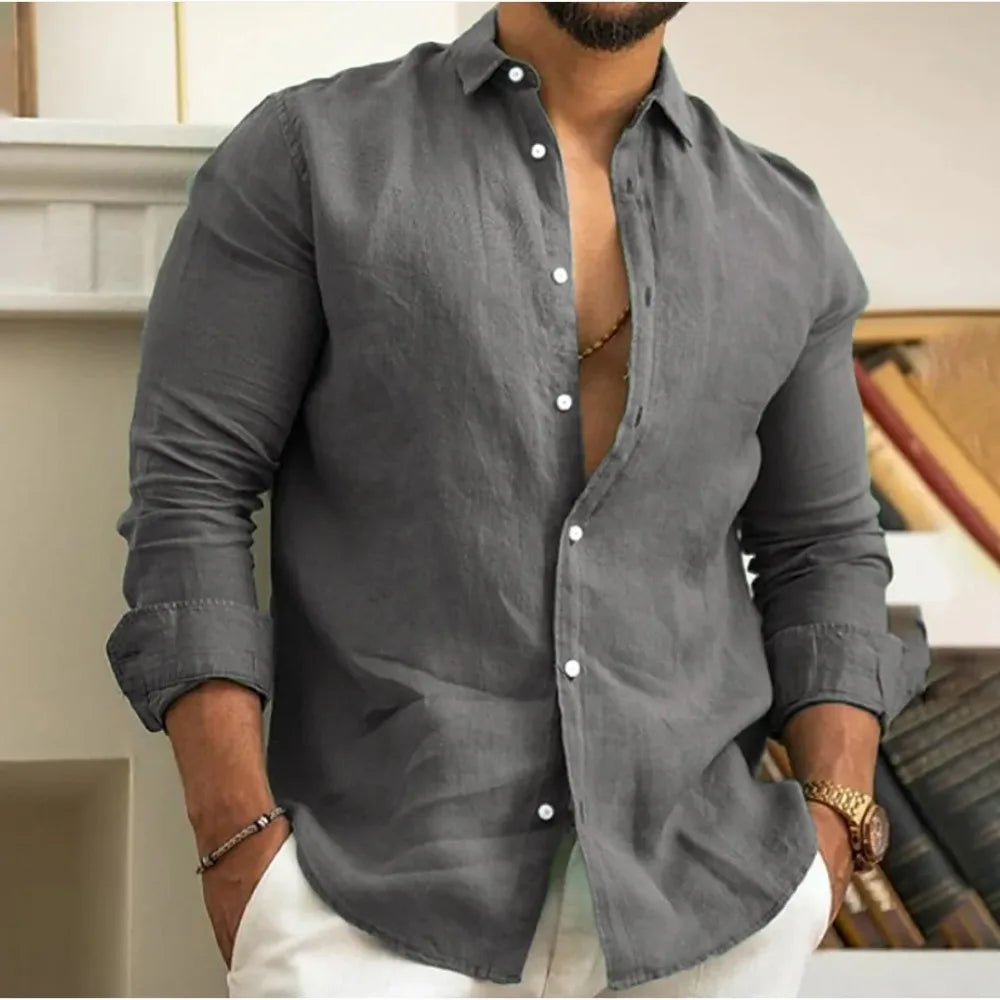 Lightweight Linen Beach Shirt for Men, Breathable Summer Casual Wear, Relaxed Fit, Available in White, Light Blue, Beige-5