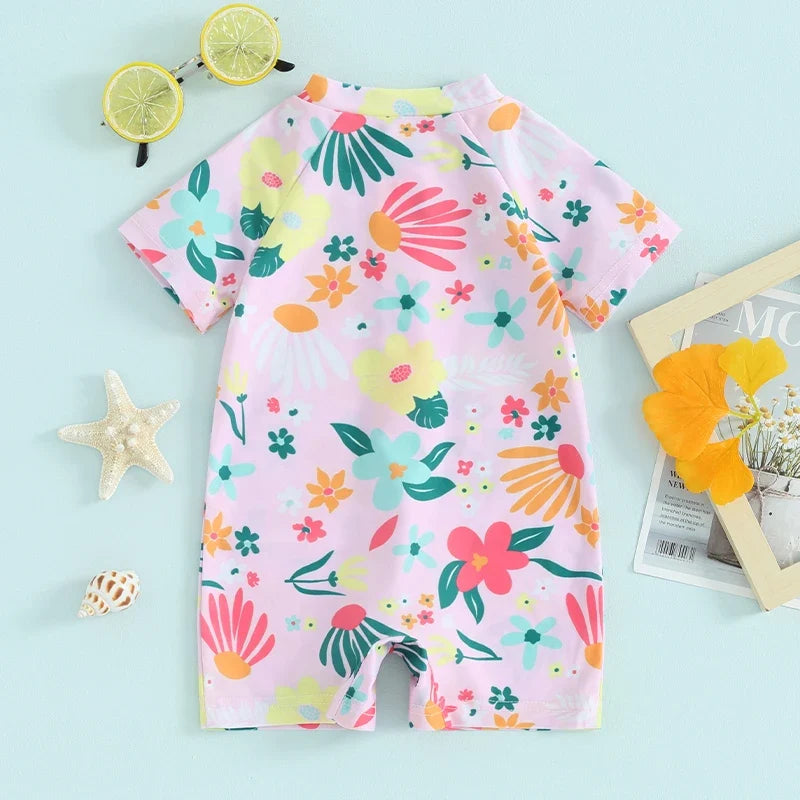 zip-front, short sleeve, floral print, polyester, for summer swimwear – Plush girls’ rash guard romper