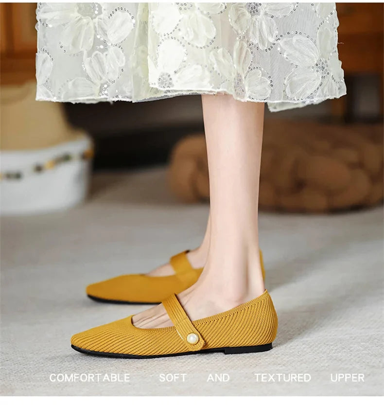 Women Stretchy Mary Jane Flats - Ribbed Knit For Spring