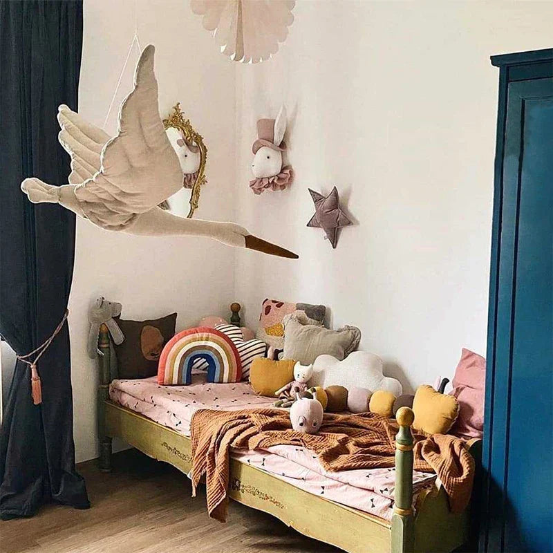 Swan Plush Wall Hanging Mobile Soothing Pillow Nursery Decor Fall 2025 Boho Kids Room Calming Accent