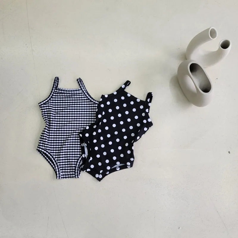 Light baby girls' one-piece swimsuit - polka-dot suspender style with hat, nylon, cozy for summer beach wear