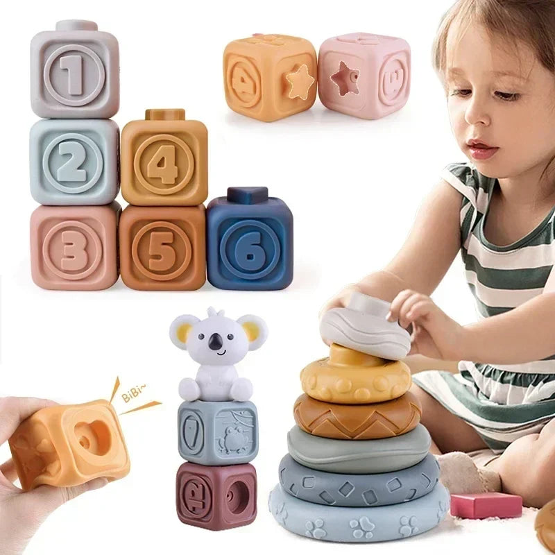 Silicone Montessori Building Blocks for Babies - Stacking and Teething Toys for Early Learning, Safe and Light, Bright Colors