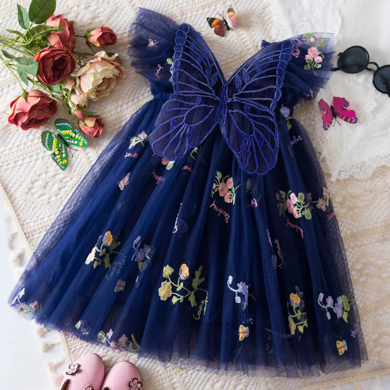 Light flowy girls' dress - knee-length tulle, floral print, polyester, for weddings