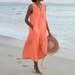Loose Summer Casual Patchwork Cotton Linen Dress - V Neck Beach Style Midi for Women
