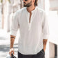 Cotton Casual Linen Shirt - Loose Tops, Long Sleeve, Henry Collar, Solid Blouse