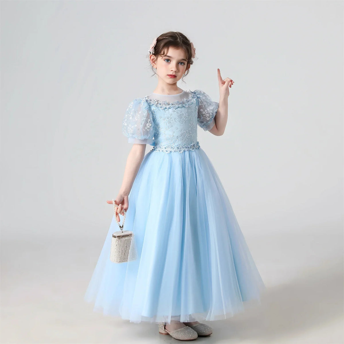 Plush Girls’ Lace-Embroidered Princess Dress - Puff Sleeve, Polyester, For Weddings and Parties