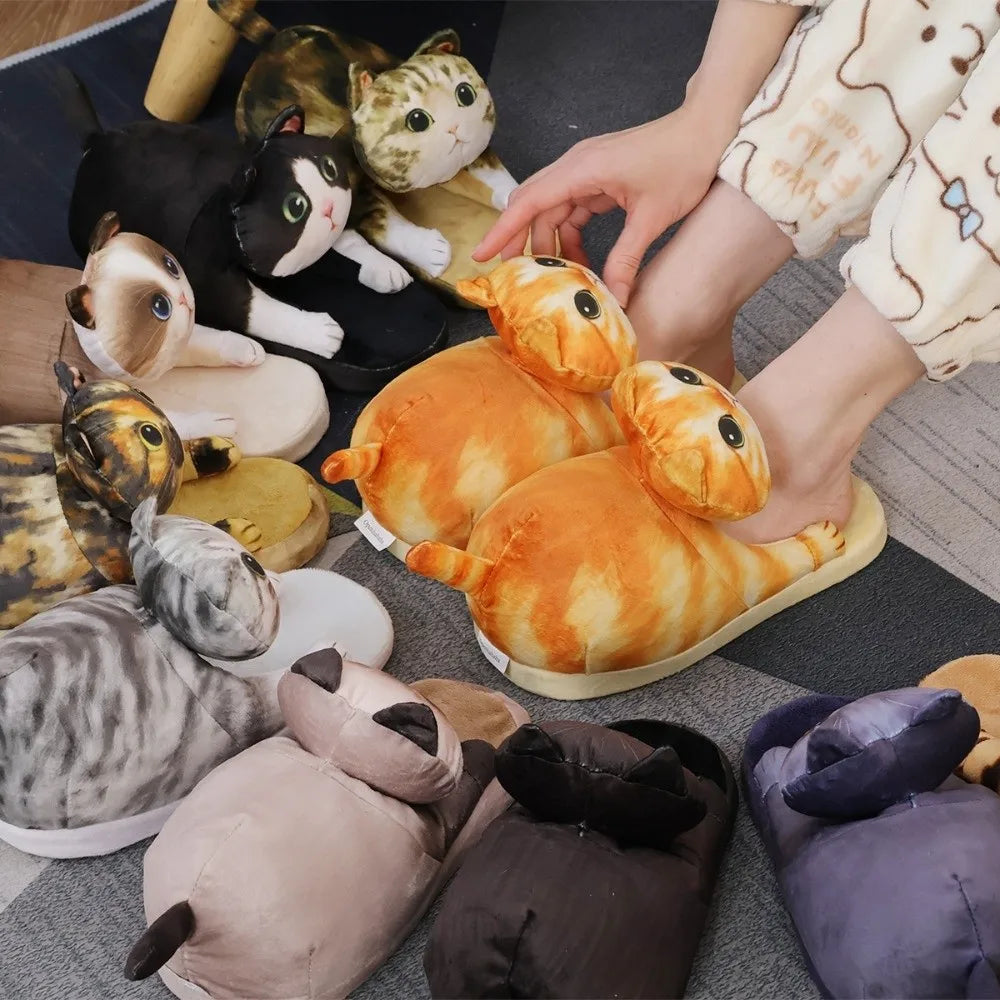 cozy hugging cat design, plush, indoor use and home lounging – Plush women's cat slippers