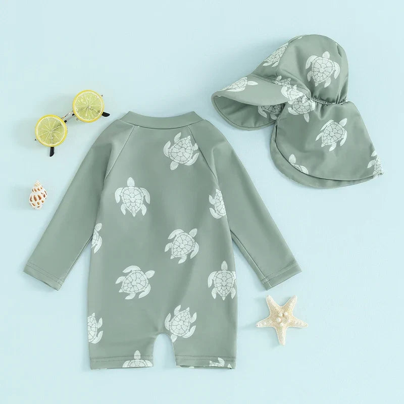 Light Toddler Boys Rash Guard Swimsuit - Long Sleeve, Turtle Print, Polyester, Beachwear