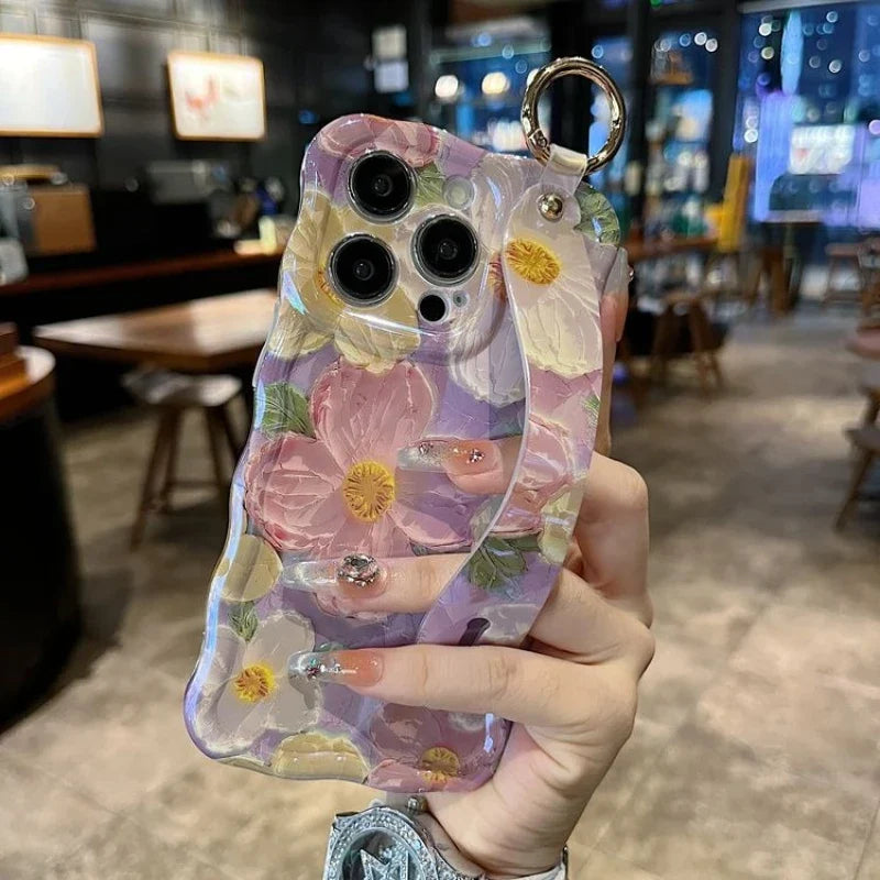 Painting Oil Flower Phone Case for iPhone 15 14 13 12 11 Pro Max with Wrist Band and Kickstand