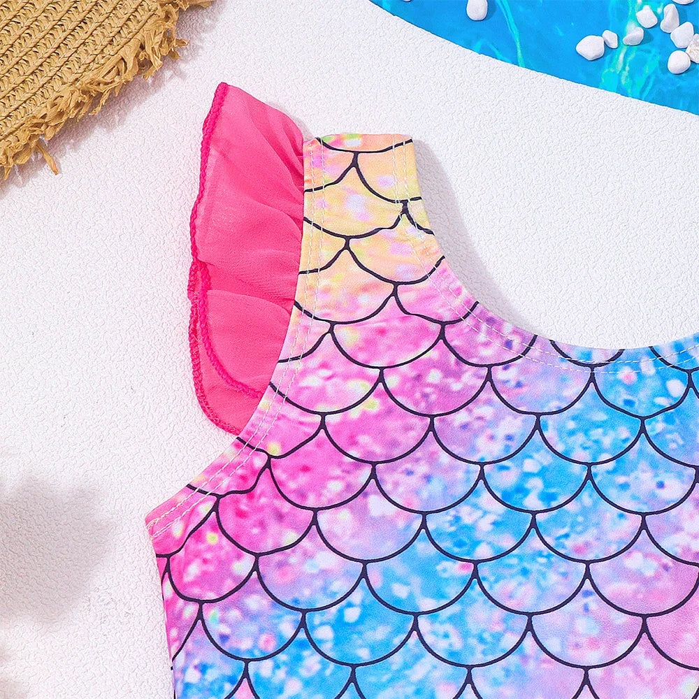 Mermaid-Scale Print, Ruffle Sleeves, Tulle, Polyester Elastane, Beach – Fast-Dry Sturdy Girls' One-Piece Swimsuit