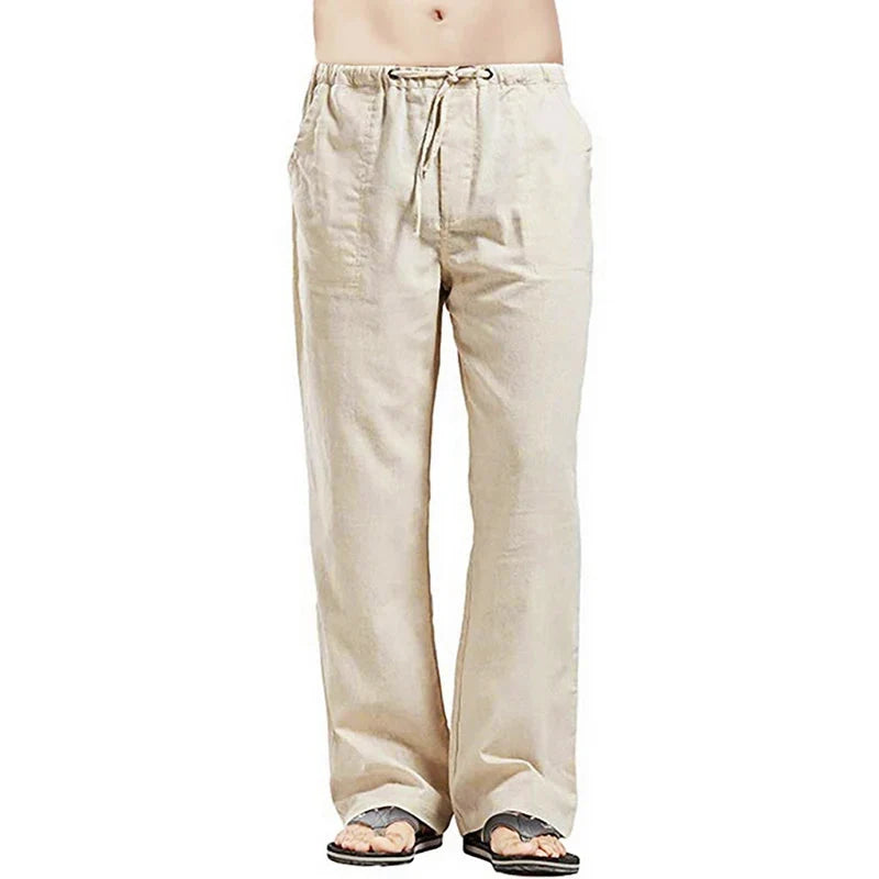 Color Solid Multi-Pocket Linen Men Pants - Casual Breathable Summer Trouser, Large Size