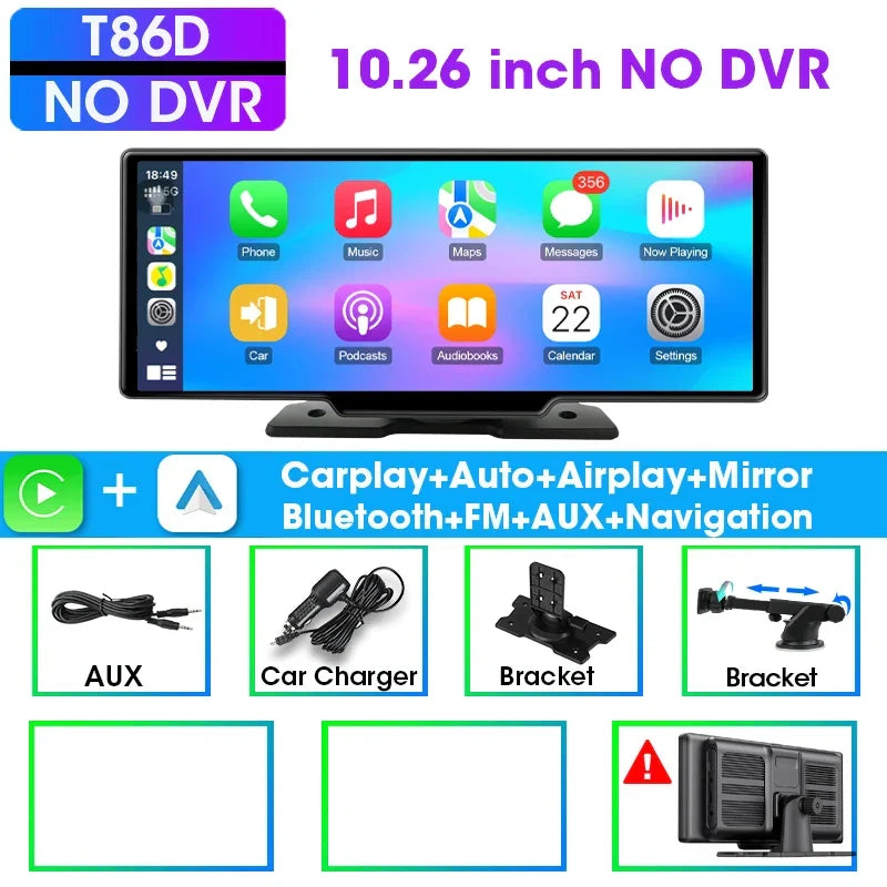 CarPlay Screen 10.26 Inch Cordless CarPlay Android Auto Dash Display Universal Car Radio BT AUX FM