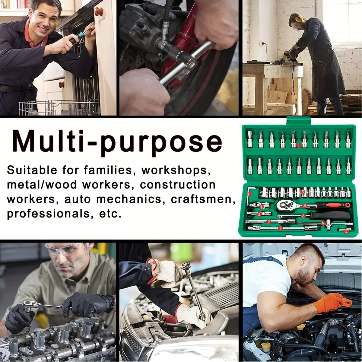 Household Tools Drive Socket Kit - 1/4 Inch Ratchet Wrench & Metric Hex Bit Kit for Mechanics