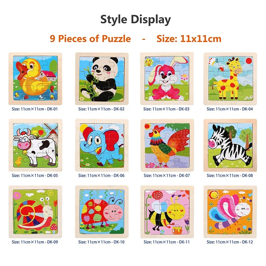 Wooden Kids Jigsaw Puzzle - Montessori Cartoon Animal Vehicle Educational Toy for Children